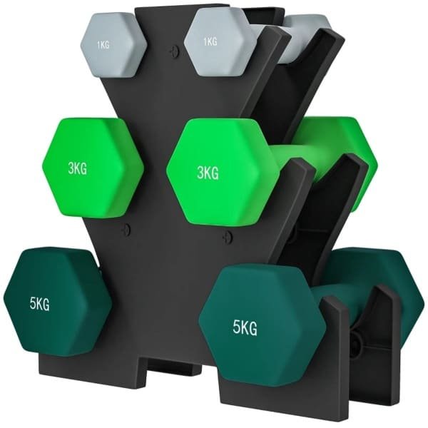 Halterset met Halterstandaard - Dumbells - Gewichten - Dumbells set van 6 Halters - Gewichten Fitness - 2 x 1 kg, 2 x 3 kg, 2 x 5 kg - Halter set voor Krachttraining, Workout, Gym