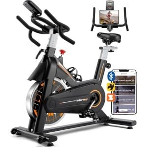 Hometrainer - Fitnessfiets - Binnenfiets - Spinbike - Fiets - Stille Riemaandrijving - Zwaar Vliegwiel - Verstelbaar Zadel - Digitaal Display - Zwart Oranje