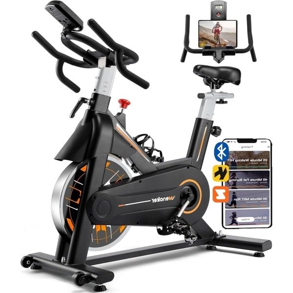 Hometrainer - Fitnessfiets - Binnenfiets - Spinbike - Fiets - Stille Riemaandrijving - Zwaar Vliegwiel - Verstelbaar Zadel - Digitaal Display - Zwart Oranje