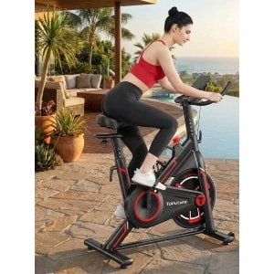 Hometrainer met Magneetweerstand - Stil en Ergonomisch Fitnessfietstraining voor Binnen, 15 kg Vliegwiel, 0-100% Instelbare Weerstand, LCD Monitor, Tablethouder & Bekerhouder - Designbest Rood