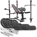 Hop-Sport HS-1065 - Halterbank Set - Gietijzeren Halterset met Lat Pulley - Verstelbaar - Krachttraining Thuis