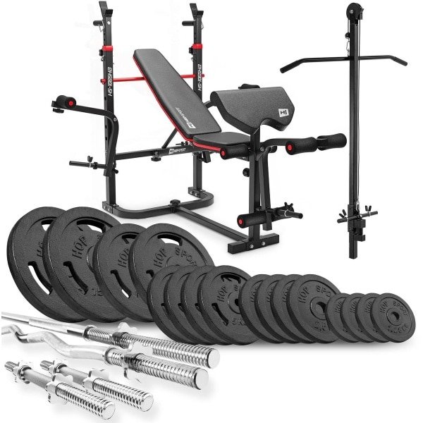 Hop-Sport HS-1065 - Halterbank Set - Gietijzeren Halterset met Lat Pulley - Verstelbaar - Krachttraining Thuis
