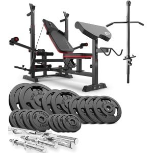 Hop-Sport HS-1075 - Halterbank Set - Gietijzeren Halterset 116 kg - Met Lat Pulldown - Krachttraining Thuis