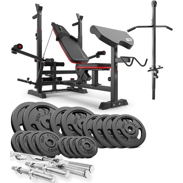 Hop-Sport HS-1075 - Halterbank Set - Gietijzeren Halterset met Lat Pulley - Verstelbaar - Krachttraining Thuis