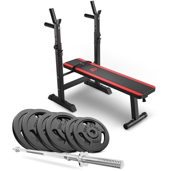 Hop-Sport HS-1080 - Halterbank Set - Gietijzeren Halterset 69 kg - Inklapbaar - Krachttraining Thuis