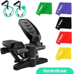 Hulser Stepper met display - Verstelbare weerstand - Met lange weerstandsband set 5-delig - Home gym fitnessapparaat - Stretch resistance band elastiek - Thuis sporten - Fitness theraband - Mini cardio home trainer