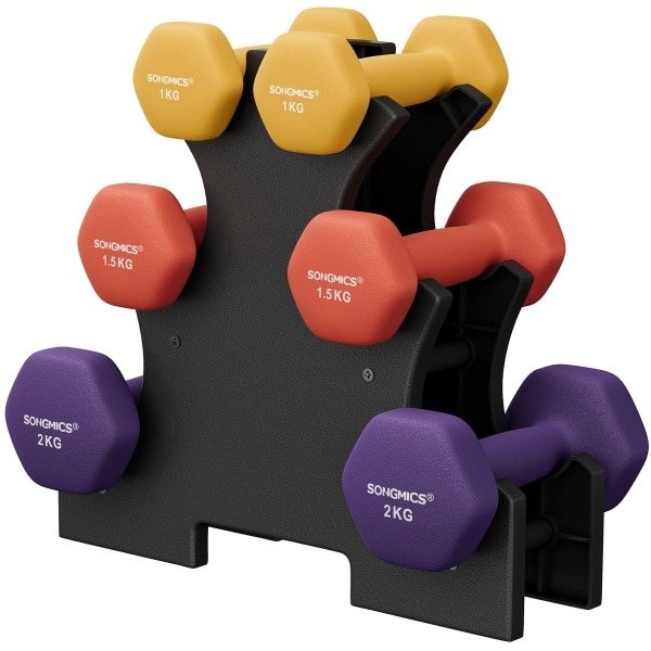 Norvia - Dumbbell Set met Standaard - Yoga Dumbbells - Krachttraining - Geel - Oranje - Paars - Antislip - Neopreen Coating