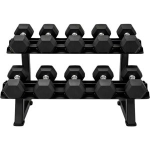 PH Fitness Hexa Dumbbell Voordeelset 2.5-15 KG (105 KG Totaal, 2.5 KG Stappen) met 2-Laags Rack - Hex / Hexagon Dumbbells - Inclusief Stevig Dumbbell Rek - Voor Krachttraining, CrossFit, Home & Commercial Gym