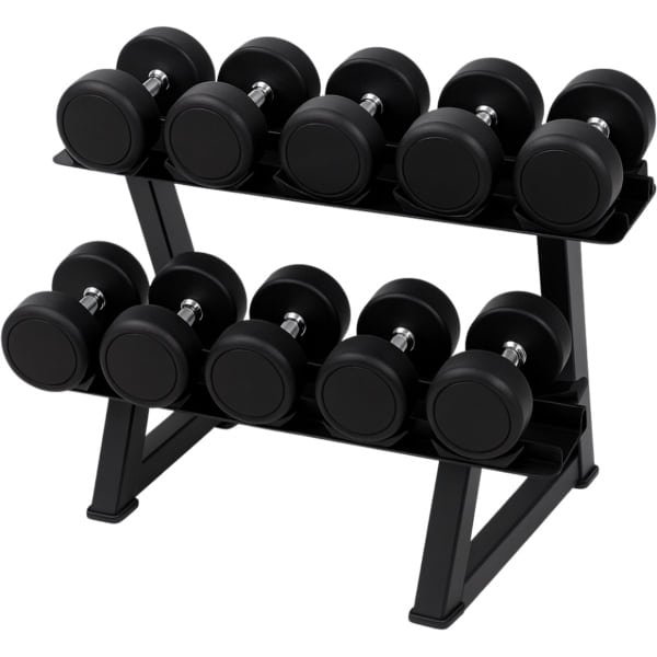 PH Fitness Ronde Dumbbell Voordeelset 2-10 KG (60 KG Totaal, 2 KG Stappen) met 2-laags rack - Round Dumbbells & Dumbells - Inclusief Dumbbell Rack - Compacte Set voor Krachttraining & Fitness