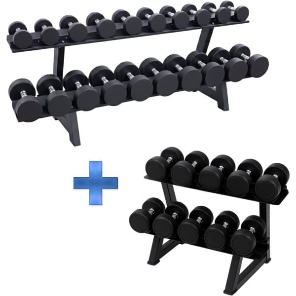 PH Fitness Ronde Dumbbell Voordeelset 2-30 KG (480 KG Totaal) met 2-laags rack - Round Dumbbells & Dumbells - Inclusief Two-Tier Dumbbell Rack - Duurzame Gewichten voor Krachttraining & Fitness