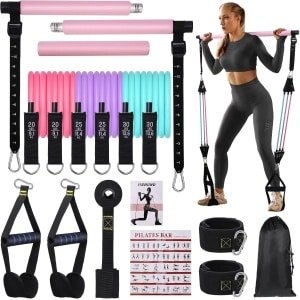 Pilates Bar Set met 6 Weerstandsbanden - Verstelbare Pilates Stang voor Volledige Lichaamstraining - Inclusief Handgrepen, Enkelbanden, Deuranker & Opbergtas - Voor Thuis, Gym, Yoga, Pilates & Krachttraining