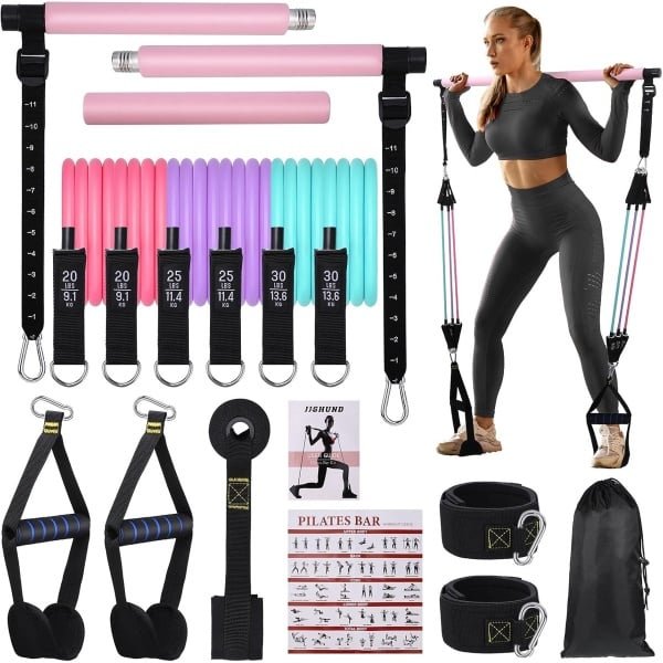Pilates Bar Set met 6 Weerstandsbanden - Verstelbare Pilates Stang voor Volledige Lichaamstraining - Inclusief Handgrepen, Enkelbanden, Deuranker & Opbergtas - Voor Thuis, Gym, Yoga, Pilates & Krachttraining