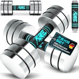 RE:SPORT Set van 2 halters van massief staal, 2,5/5/7,5/10 kg, korte halter met gewichten en schuimrubberen handgreep, fitness, korte halters, thuisgym, krachttraining en spieropbouw (turquoise, 2 x7,5kg)