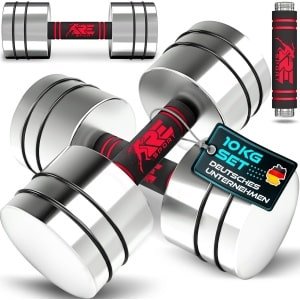 RE:SPORT Set van 2 halters van massief staal, 2,5/5/7,5/10 kg, korte halter met gewichten en schuimrubberen handgreep, fitness, korte halters, thuisgym, krachttraining en spieropbouw (rood, 2 x 10 kg)