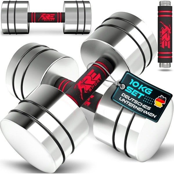 RE:SPORT Set van 2 halters van massief staal, 2,5/5/7,5/10 kg, korte halter met gewichten en schuimrubberen handgreep, fitness, korte halters, thuisgym, krachttraining en spieropbouw (rood, 2 x 10 kg)
