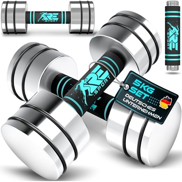 RE:SPORT Set van 2 halters van massief staal, 2,5/5/7,5/10 kg, korte halter met gewichten en schuimrubberen handgreep, fitness, korte halters, thuisgym, krachttraining en spieropbouw (turquoise, 2 x 5kg)
