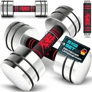 RE:SPORT Set van 2 halters van massief staal, 2,5/5/7,5/10 kg, korte halter met gewichten en schuimrubberen handgreep, fitness, korte halters, thuisgym, krachttraining en spieropbouw (rood, 2 x 5 kg)