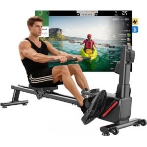 Roeimachine - Roeitrainer - Fitnessroeier - Workout Machine - Thuisfitness - 16 Weerstandsniveaus - Ultrastille Magnetische Weerstand - Bluetooth Kinomap App - Dubbele Rails - Compact Opvouwbaar - Geschikt tot 158 kg - Zwart