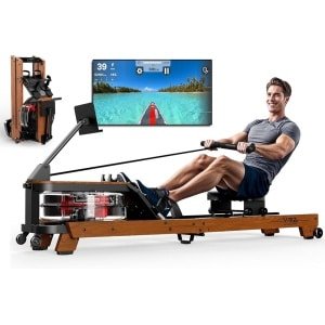 Roeimachine - Roeitrainer - Roeimachine Waterweerstand - Fitnessapparaat - Hometrainer - Massief Eikenhout - Opvouwbaar Met Tablethouder - Geschikt Tot 180 Kg En 200 Cm