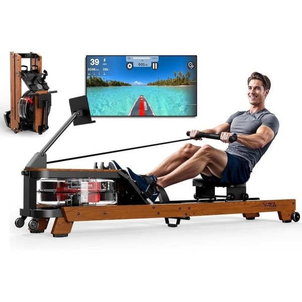 Roeimachine - Roeitrainer - Roeimachine Waterweerstand - Fitnessapparaat - Hometrainer - Massief Eikenhout - Opvouwbaar Met Tablethouder - Geschikt Tot 180 Kg En 200 Cm