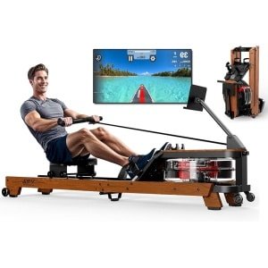 Roeitrainer - Roeimachine - Fitnessapparaat - Waterroeier - Indoor Rower - Massief Eikenhout - Opvouwbaar Met Tablethouder - Bluetooth Verbinding - Geschikt Tot 180 Kg - Voor Gebruikers Tot 200 Cm