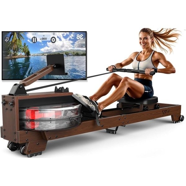 Roeitrainer - Roeimachine - Waterroeier - Houten Roeitoestel - Fitnessapparaat - Massief Hout - Bluetooth Monitor - Opvouwbaar - Geschikt voor 1,20-2m - Max. 175 kg belastbaar