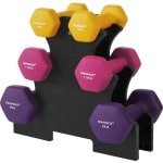 SONGMICS Halterset met houder, 3 paar, 2 x 1 kg, 2 x 1,5 kg, 2 x 2 kg, antislip vinyl oppervlak, voor fitness, thuistraining, krachttraining