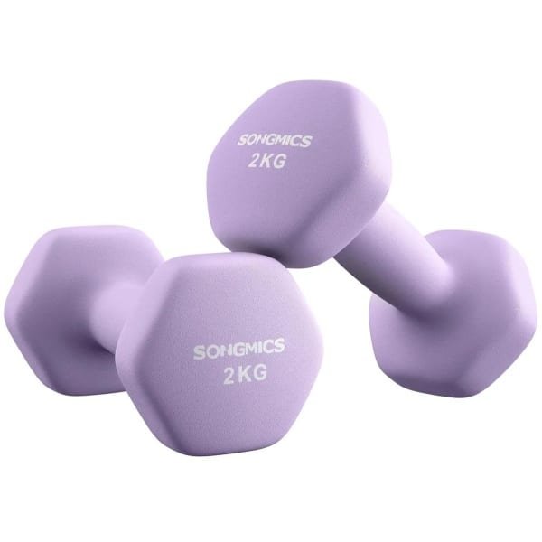 SONGMICS halters, set van 2, 2 x 2 kg, halterset, dumbbells, zeshoek, neopreen coating, krachttraining, workout, fitnesstraining, voor thuis
