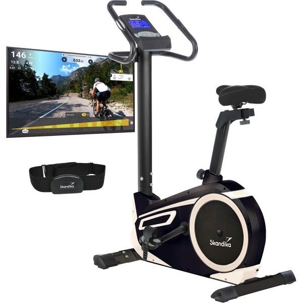 Skandika Morpheus Ergometer - Hometrainer - Ergometer, 12 kg vliegwielsysteem, 32 niveaus, 24 programma's, app compatibel met Kinomap, hartslagband, tablethouder - Indoorfiets tot max. Gebruikersgewicht 150 kg - 103x56x144cm (LxBxH) - beige/zwart