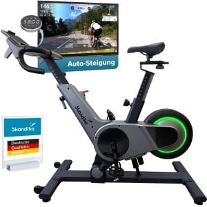 Skandika Spinning Bike Indoor Kliva 500-S - Hometrainer fiets SMART met LED, helling in 16 niveaus, magneetrem met 32 niveaus, 3 programma's, Bluetooth Kinomap app compatibel, tot 150 kg, speedbike