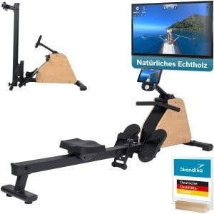 Skandika roeimachine voor thuis, inklapbaar Treliv P6 - Roeitrainer krachttraining, frame van ijzer met echt hout, magneetrem, 16 standen, 20 programma's, Bluetooth & compatibel met Kinomap app, tot 120 kg