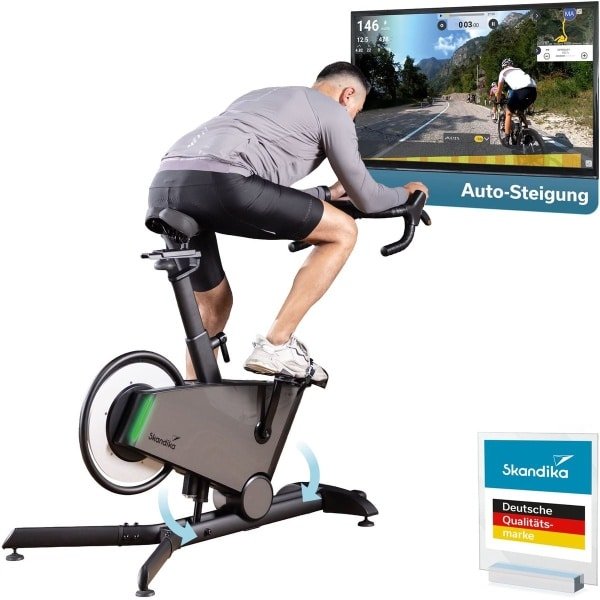 Skandika spinning bike indoor Kliva 800-S - SMART hometrainer fiets met LED, helling in 16 standen, magneetrem met 32 standen, 3 programma's, Bluetooth compatibel met Kinomap app, tot 150 kg, speedbike