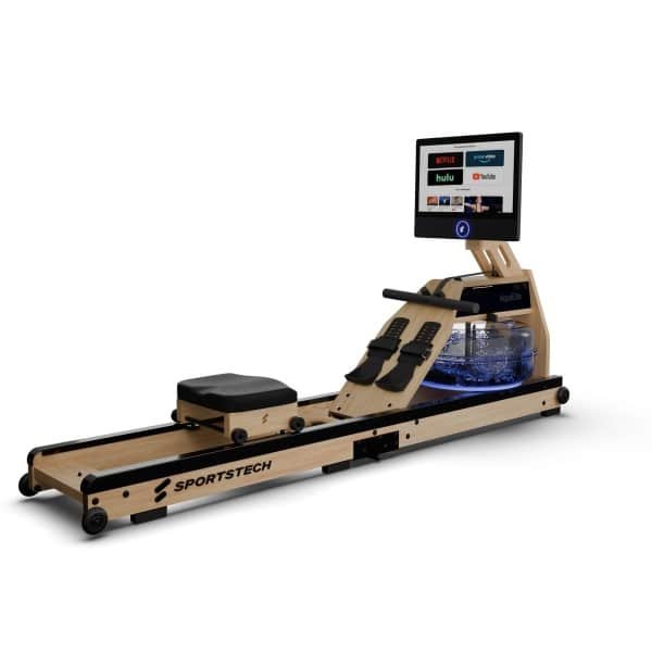 Sportstech AquaElite roeitrainer met water voor thuis, inklapbaar, LED-watertank, 21,5" display met app, 360° draaibaar