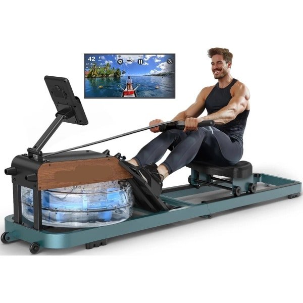 Water Roeimachine - Roeimachine - Magnetische Roeitrainer - Roeiapparaat - Ergonomisch Zitvlak - Max 160kg - 14L Watertank - Opvouwbare - met Bluetooth Monitor - van Massief Hout - Met Tablet Houder - Voor Thuisgebruik - Blauw