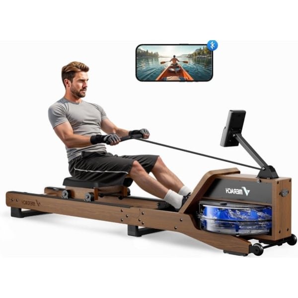 Waterroeimachine - Roeitrainer - Fitnessapparaat - Roeitoestel - Indoor Rower - Opvouwbaar - Rubberhouten Frame - Bluetooth App Met Interactief Kaartspel