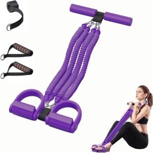 Weerstandsband voor krachttraining, 2 buizen, elastische krachttraining met antislip handgrepen, pedaal weerstandsband met ademende handgreep, voor buikspieren, armen, benen