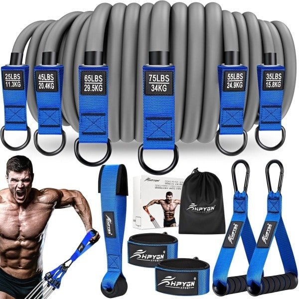 Weerstandsbanden Set - Fitness Banden - Krachttraining Thuis - Inclusief Handvatten Enkelbanden - Tot 300 lbs - Blauw