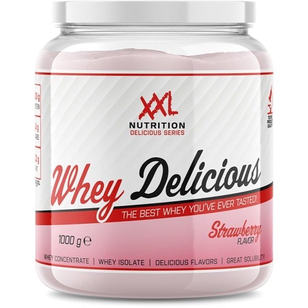 XXL Nutrition - Whey Delicious - 80% Eiwit - Aardbei - Wei Eiwitpoeder met BCAA & Glutamine, Proteine Poeder, Eiwit shake, Whey Protein - Diverse Smaken - 1000 gram (33 shakes)