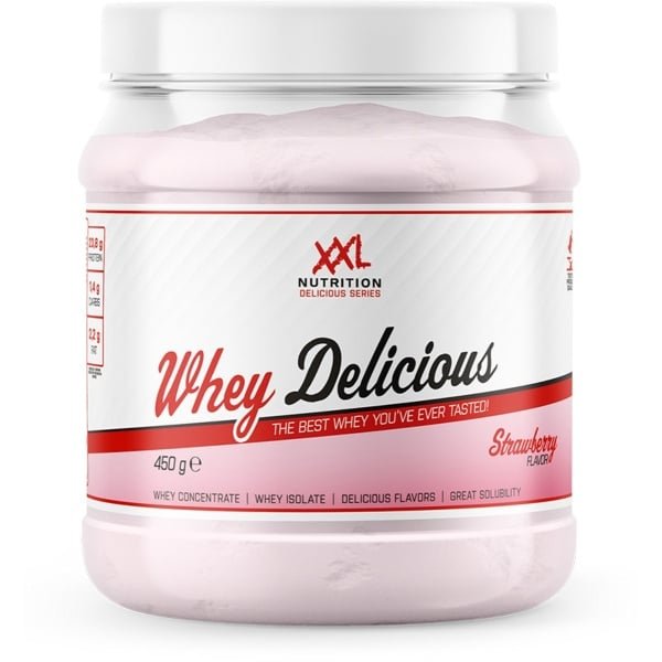 XXL Nutrition - Whey Delicious - 80% Eiwit - Aardbei - Wei Eiwitpoeder met BCAA & Glutamine, Proteine Poeder, Eiwit shake, Whey Protein - Diverse Smaken - 450 gram (15 shakes)