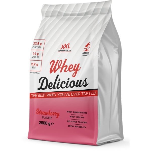 XXL Nutrition - Whey Delicious - 80% Eiwit - Aardbei - Wei Eiwitpoeder met BCAA & Glutamine, Proteine Poeder, Eiwit shake, Whey Protein - Diverse Smaken - 2500 gram (83 shakes)