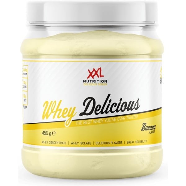 XXL Nutrition - Whey Delicious - 80% Eiwit - Banaan - Wei Eiwitpoeder met BCAA & Glutamine, Proteine Poeder, Eiwit shake, Whey Protein - Diverse Smaken - 450 gram (15 shakes)