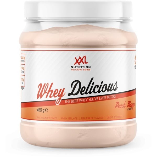 XXL Nutrition - Whey Delicious - 80% Eiwit - Perzik Mango - Wei Eiwitpoeder met BCAA & Glutamine, Proteine Poeder, Eiwit shake, Whey Protein - Diverse Smaken - 450 gram (15 shakes)