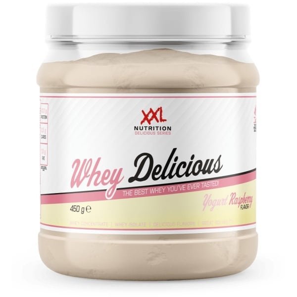 XXL Nutrition - Whey Delicious - 80% Eiwit - Yoghurt Raspberry - Wei Eiwitpoeder met BCAA & Glutamine, Proteine Poeder, Eiwit shake, Whey Protein - Diverse Smaken - 450 gram (15 shakes)