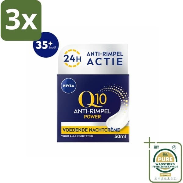 3 x NIVEA - Nachtcrème - Q10 POWER Anti-Rimpel - Voor alle huidtypen - Met Q10 & Creatine - 50 ml - Grootverpakking - Anti-rimpel Crème - Nachtcrème - Rimpelverlichting - Huidverzorging - Q10 Crème