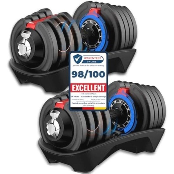 DH FitLife Verstelbare halter, 1,5 tot 18 kg, met opbergbasis voor krachttraining, dames en heren, halterset met gewichtsplaten, ruimtebesparend voor training, variabele gewichten 12-in-1