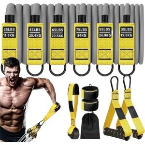 Fitnessbanden Set - Weerstandsbanden Handvatten - Krachttraining Thuis - Verstelbare Weerstand - Tot 136 Kg - Geel