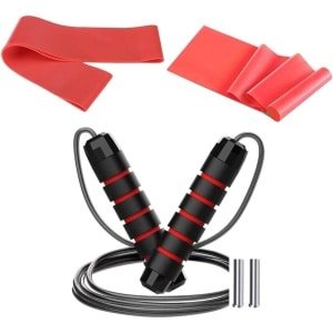 Fitnessset - Elastische band en verstelbaar rood rubber springtouw met antislip handgreep, kogellagers en extra gewicht voor hometraining, crossfit, pilates en spieropbouw springtouw mat