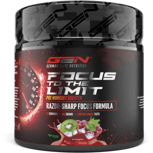 GEN Focus to the Limit - 240 g - Kiwi-Druif smaak - Pre-workout booster met 250 mg cafeïne, ginseng, rhodiola & ginkgo - Met B-vitaminen - Vegan & suikervrij