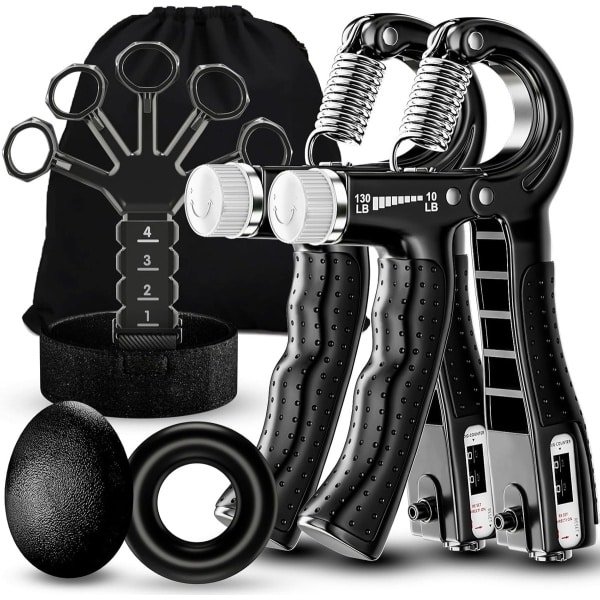 Grip Krachttrainer Set - Handversterker Vingeroefenaar - Spieropbouw Herstel - Instelbare Weerstand 10-60kg - 5 Delig Met Tas - Zwart