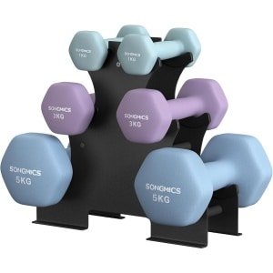 Halterset met standaard - Gewichten set - Krachttraining thuis - Zeshoekig neopreen - 6 stuks - Groen paars blauw